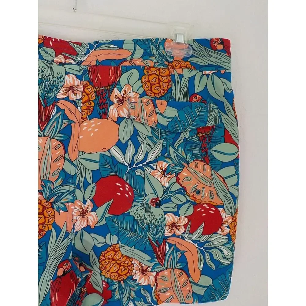 ACA JOE Blue Swim Shorts Trunks Men XL Tropical Floral Birds Print Pockets Lined